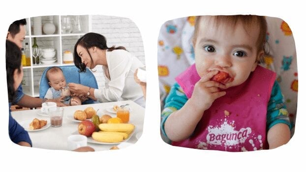 Ao lado esquerdo uma família oriental está sentada ao redor da mesa oferecendo papinha para o bebê. À direita, uma bebê come com as próprias mãos uma melancia.